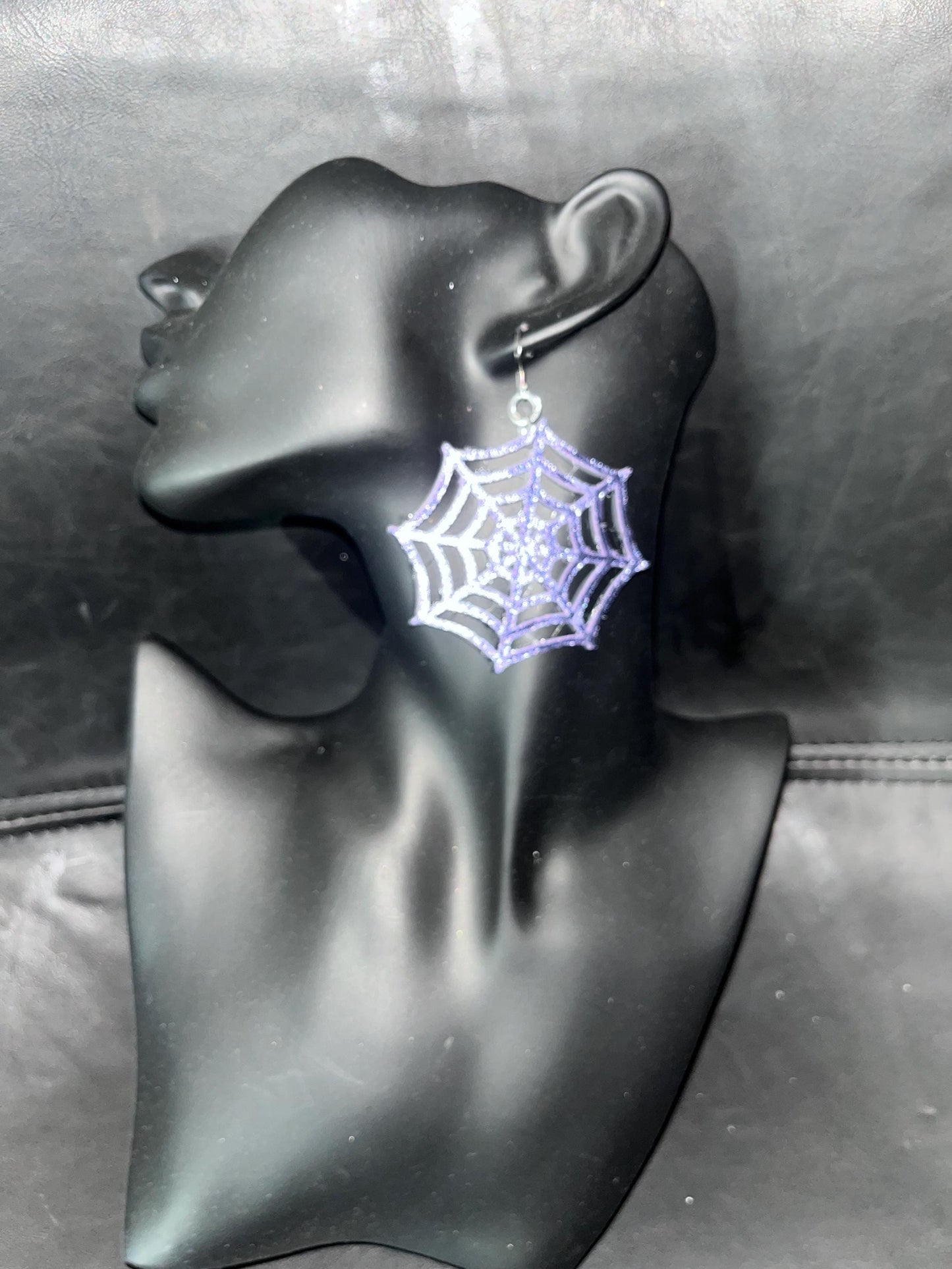 Pair of 2 Earrings Purple metallic Leather Bat & Spider Web