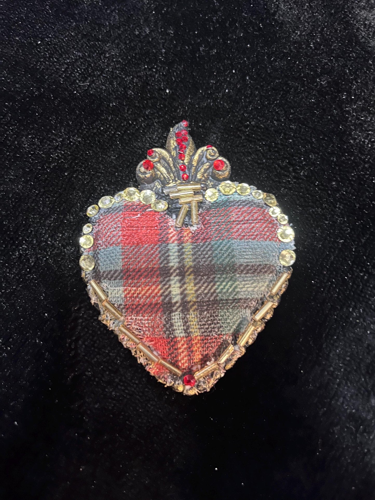 Sacred Heart Plaid & Rhinestone Brooch