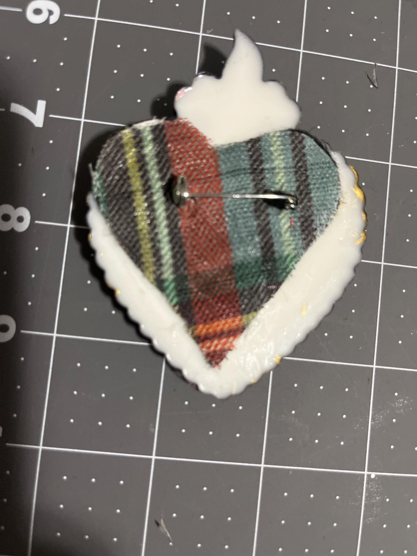 Sacred Heart Plaid & Rhinestone Brooch