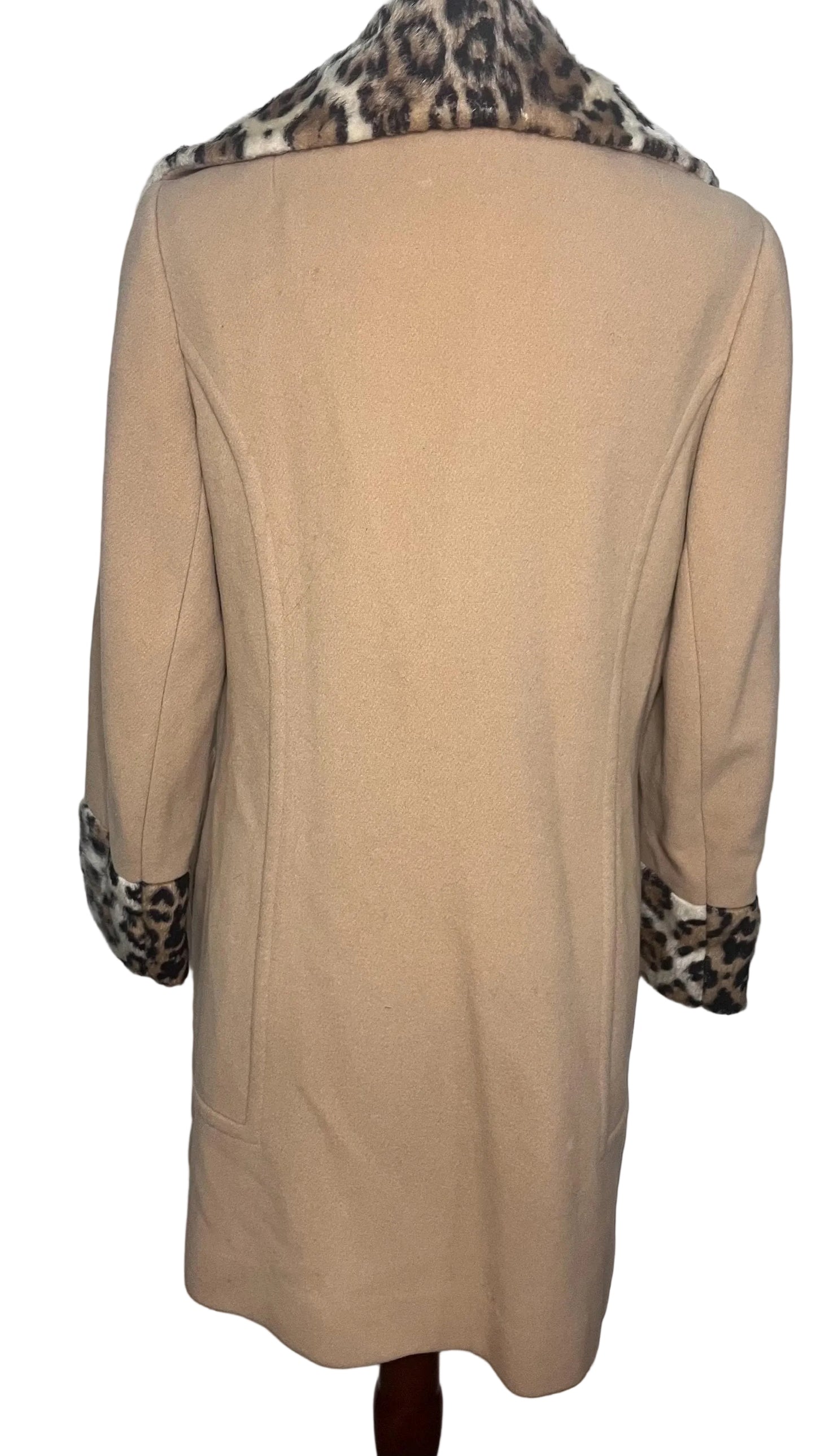 Vintage 1960s Camel Wool Coat, Faux Leopard Collar