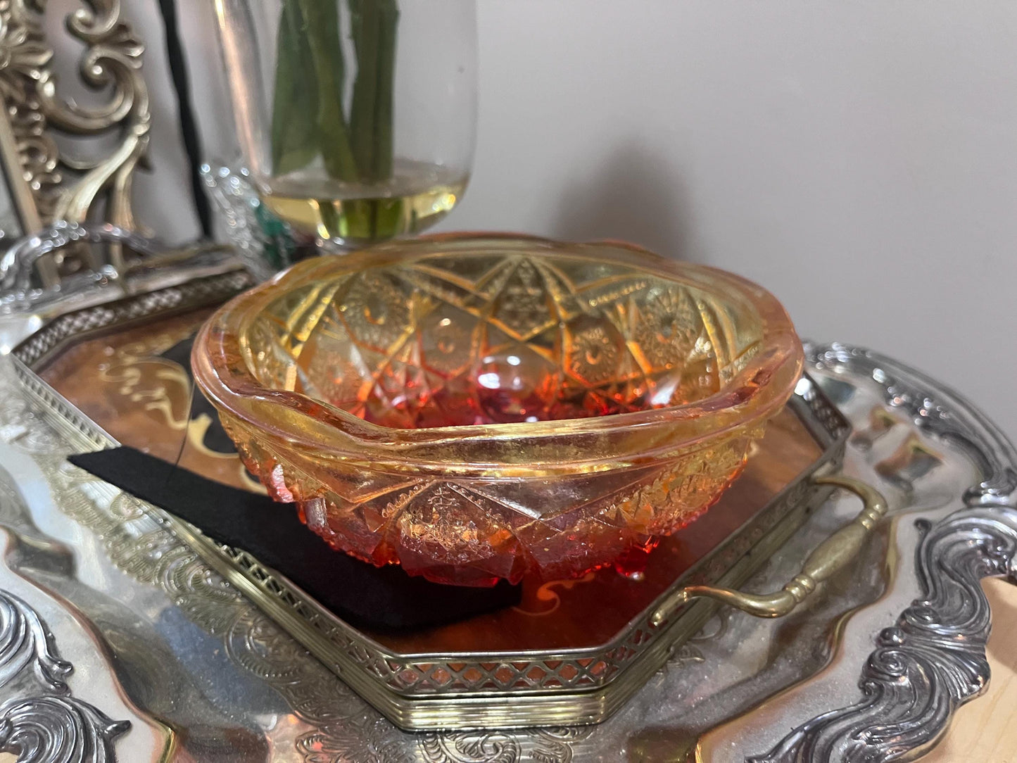 Cut Glass Bowl in Orange/red Ombré
