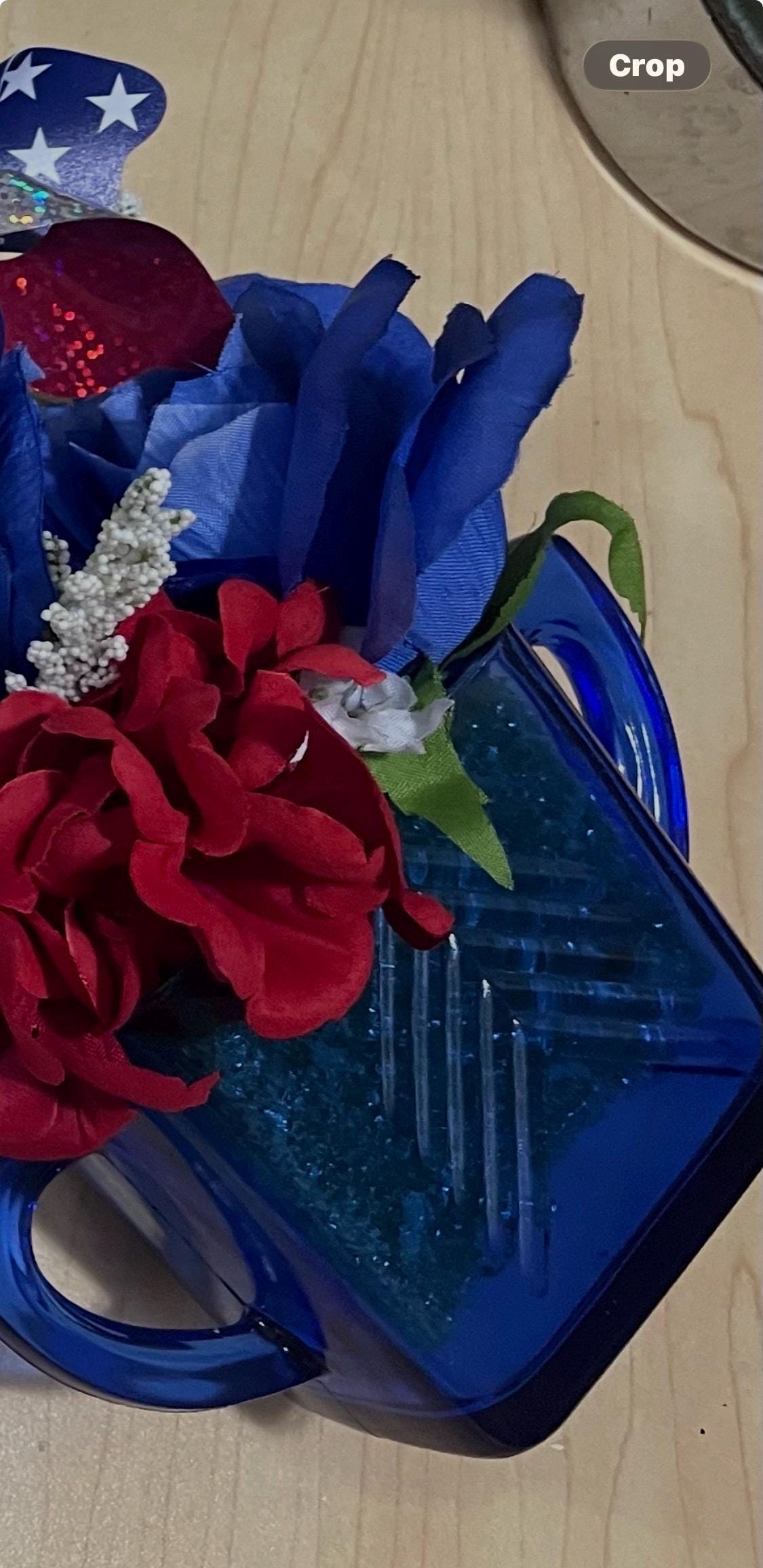 Re-used vintage cobalt blue Sugar & Creme set floral arrangement