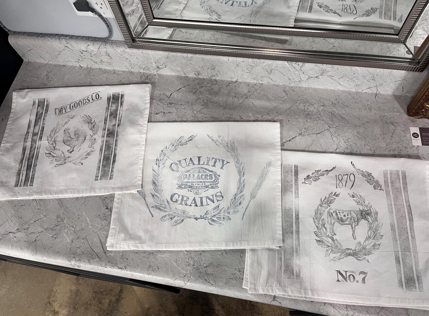 hand stamped cotton towels /Set of 3)