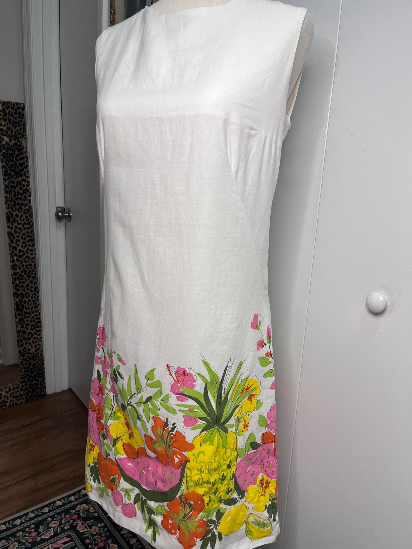 Vintage Cotton Shift Dress w/ floral & Fruit print