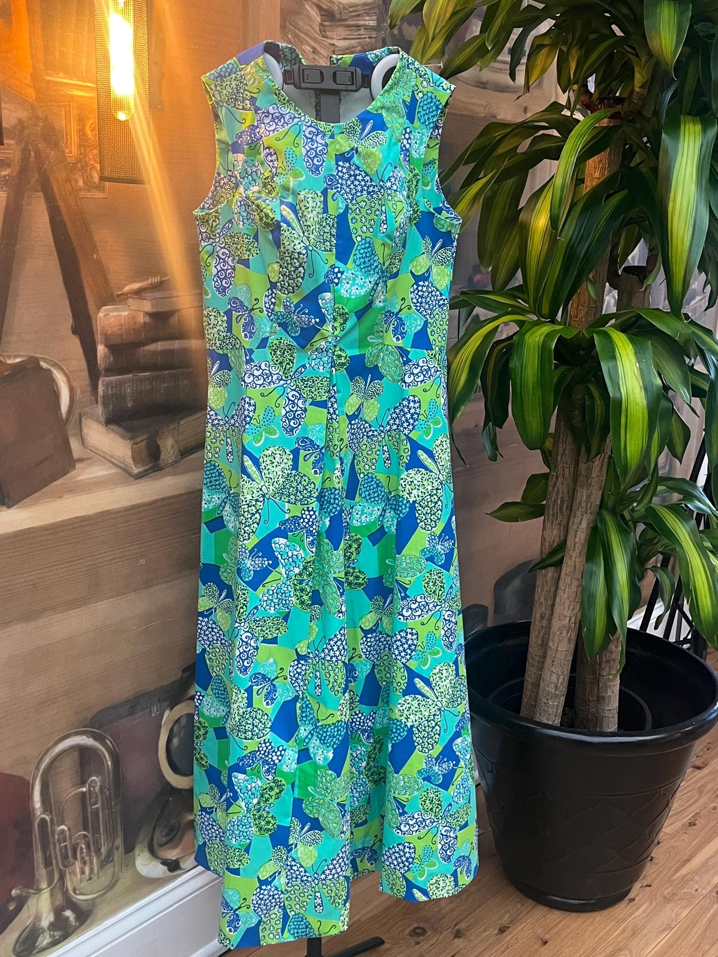 Vintage green/blue butterflies dress S/M
