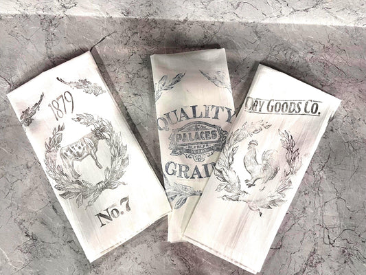 hand stamped cotton towels /Set of 3)