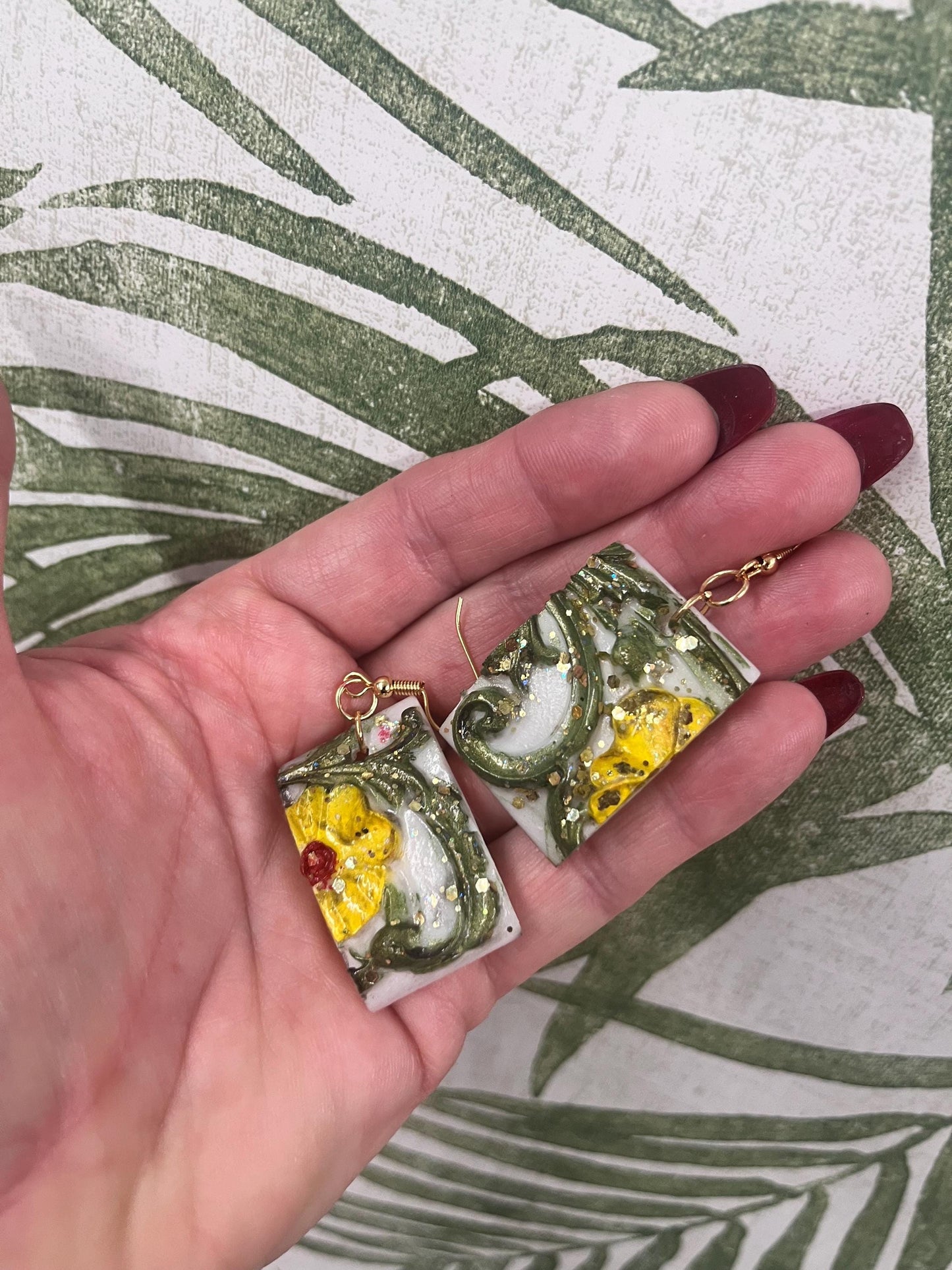 Resin hand painted earrings/18k gold plated hook