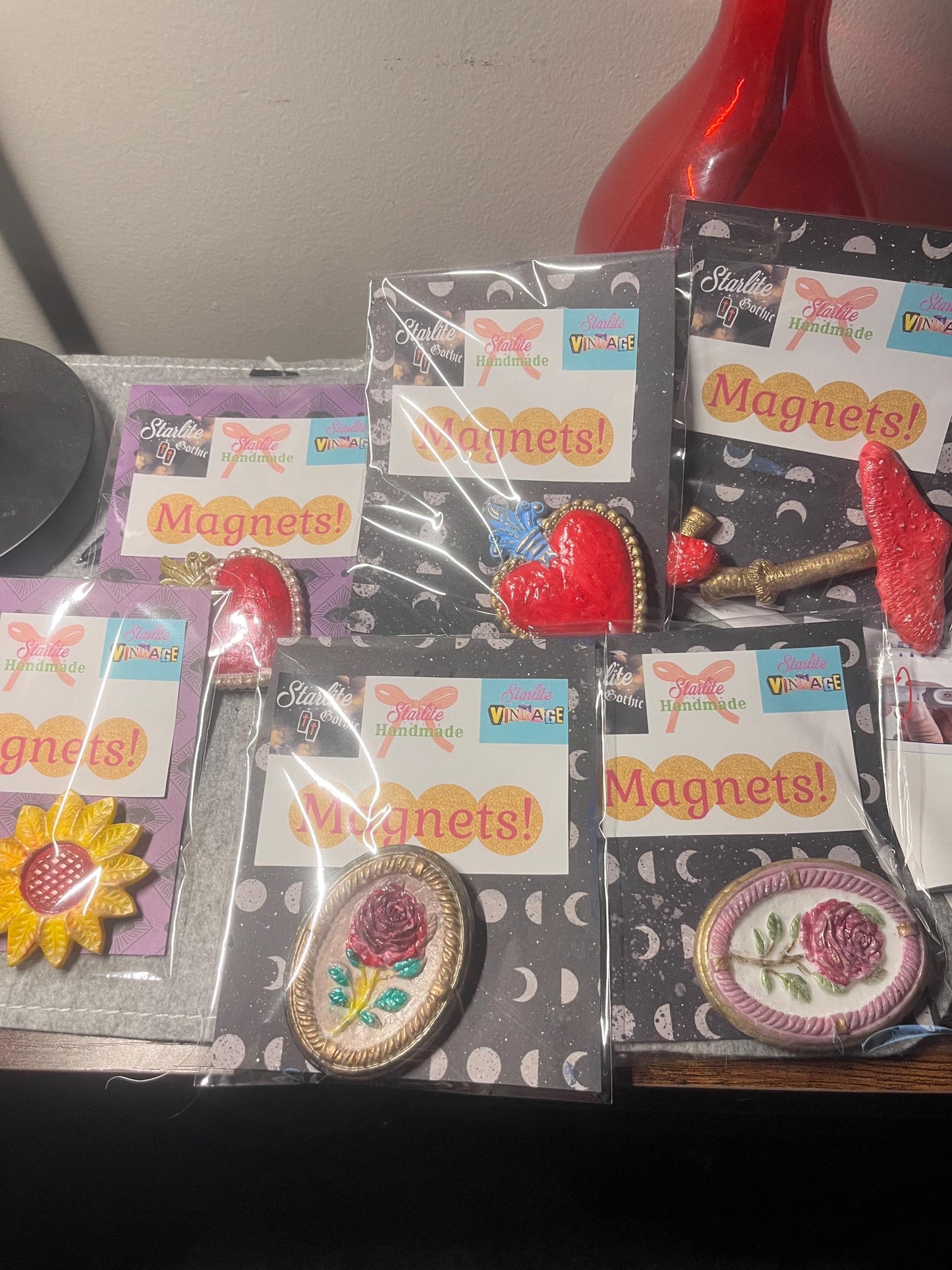Hand Painted Mushroom Magnets, Red and Gold