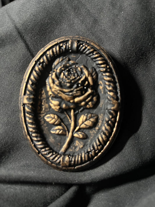 Rose Cameo Brooch: Black Resin with Gold Accent (3x2.5”