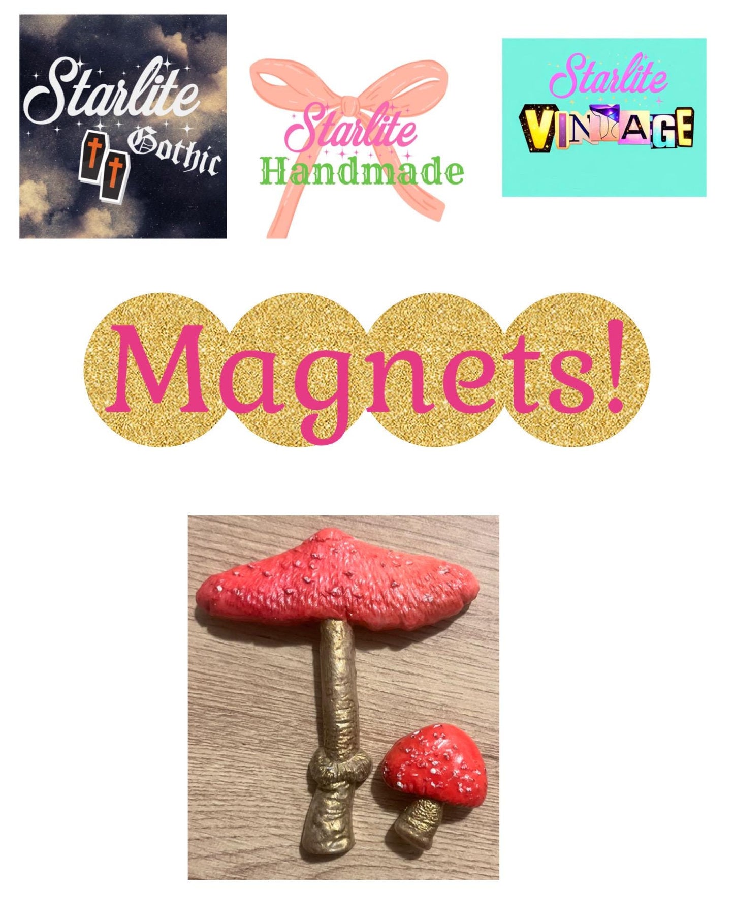 Hand Painted Mushroom Magnets, Red and Gold
