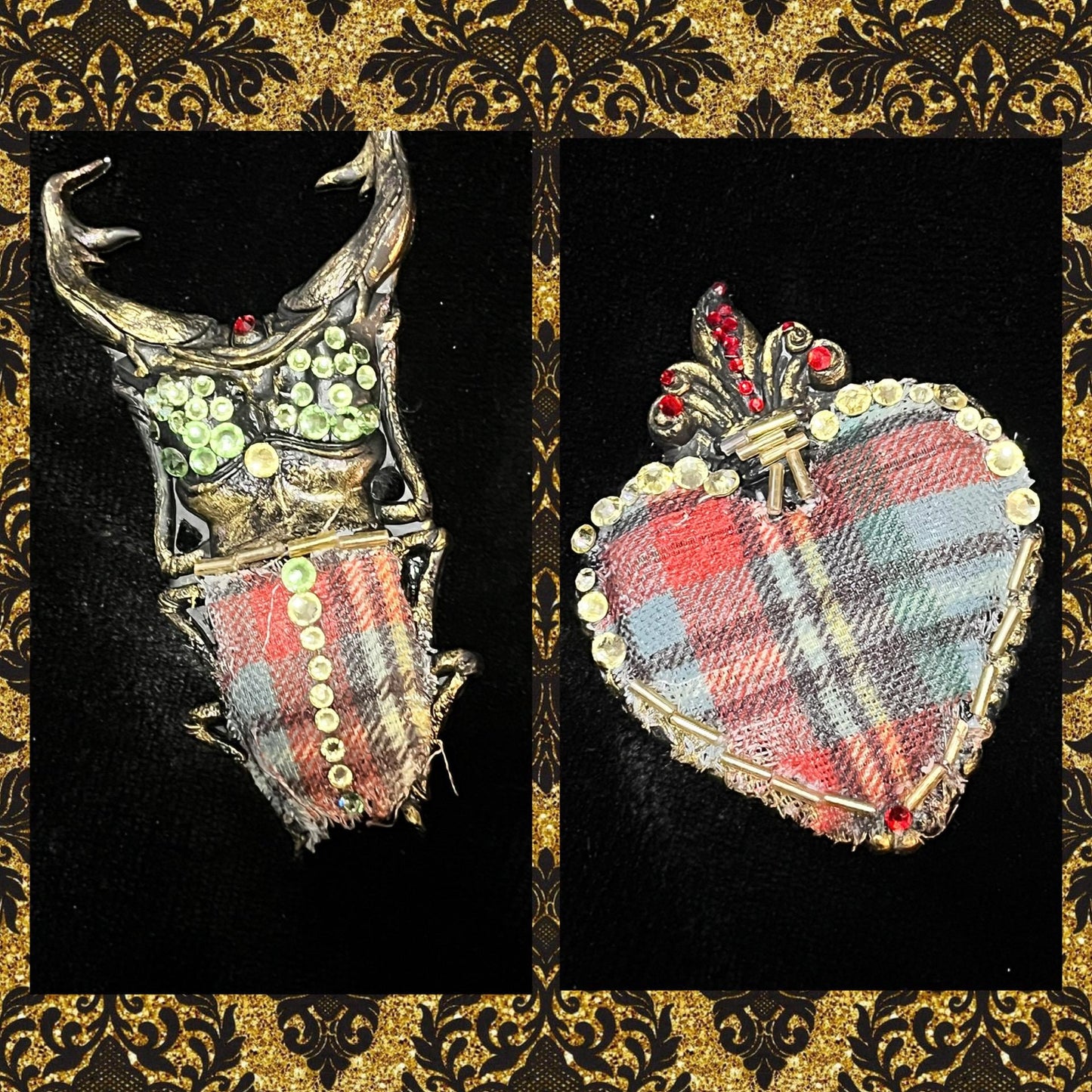 Sacred Heart Plaid & Rhinestone Brooch