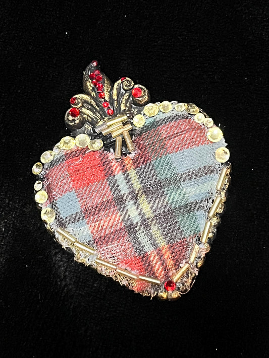 Sacred Heart Plaid & Rhinestone Brooch