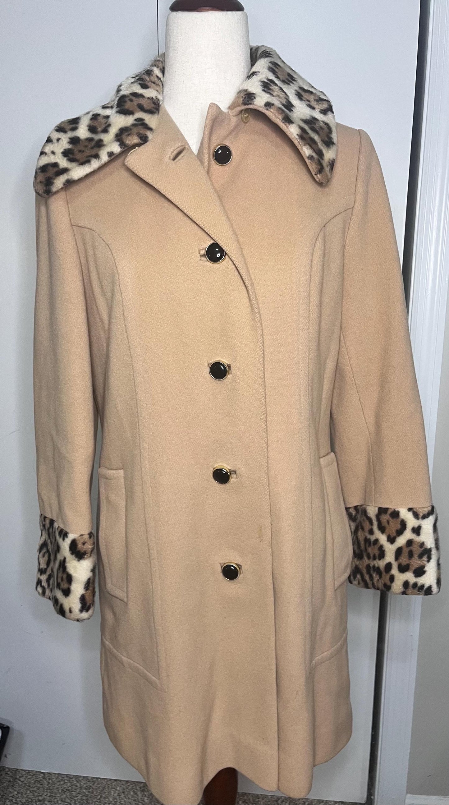 Vintage 1960s Camel Wool Coat, Faux Leopard Collar