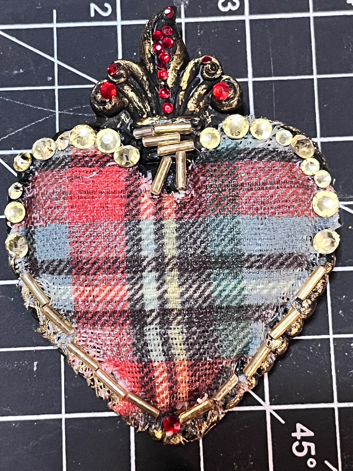 Sacred Heart Plaid & Rhinestone Brooch