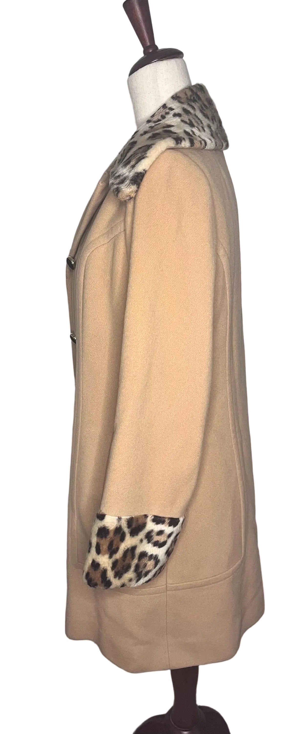 Vintage 1960s Camel Wool Coat, Faux Leopard Collar