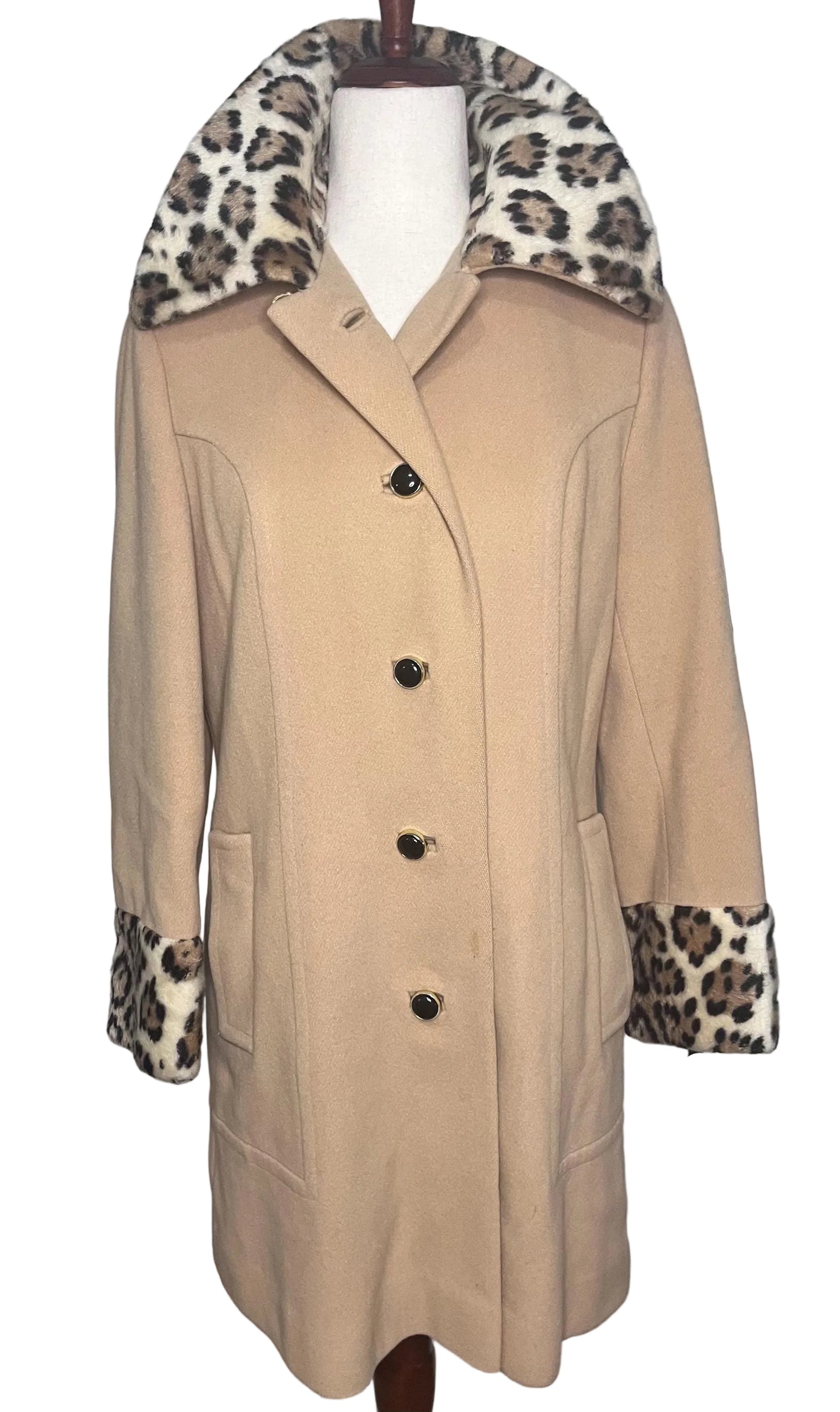 Vintage 1960s Camel Wool Coat, Faux Leopard Collar