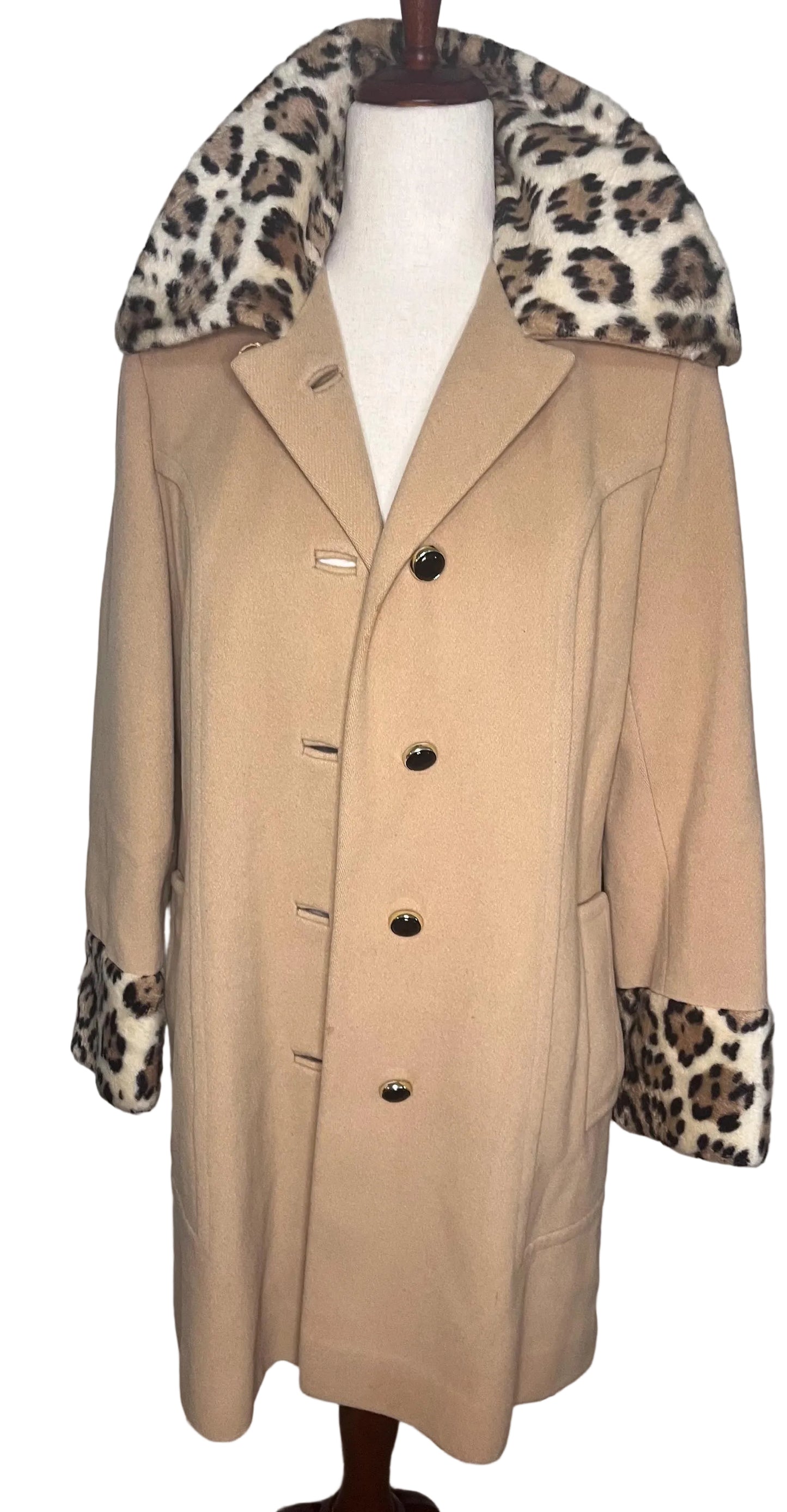 Vintage 1960s Camel Wool Coat, Faux Leopard Collar