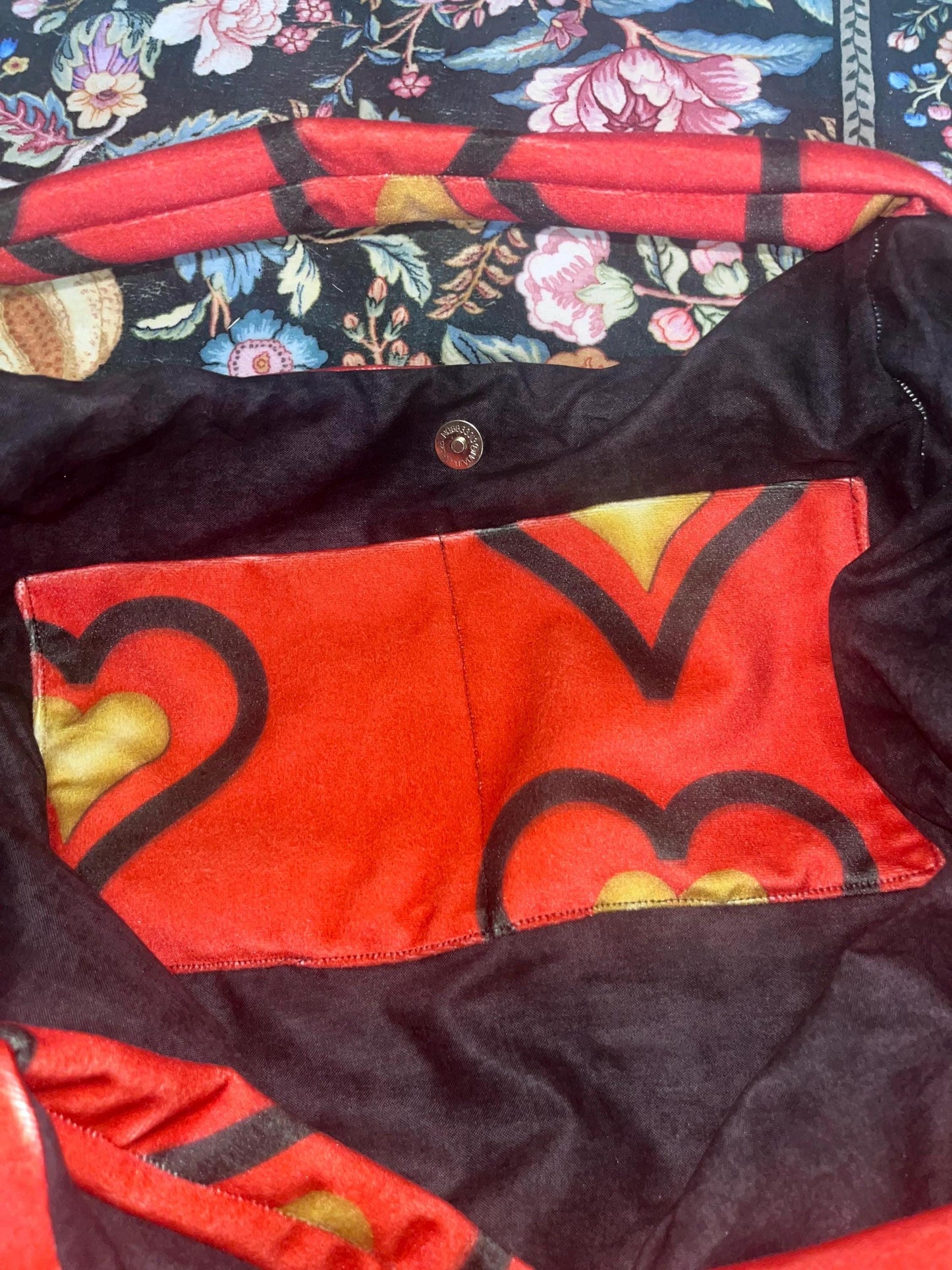 Red velvet w/gold heart hobo bag with ruffles.