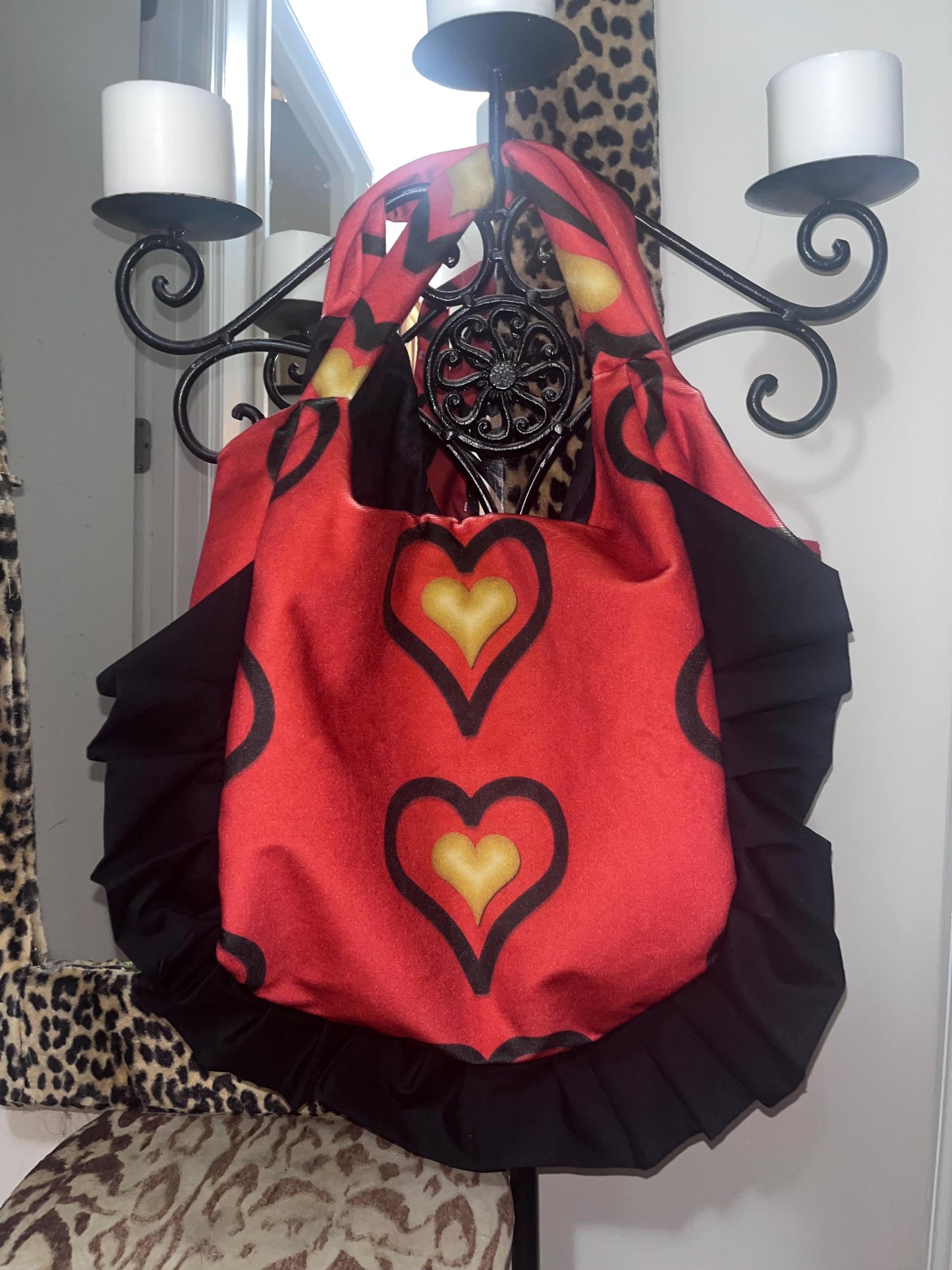 Red velvet w/gold heart hobo bag with ruffles.