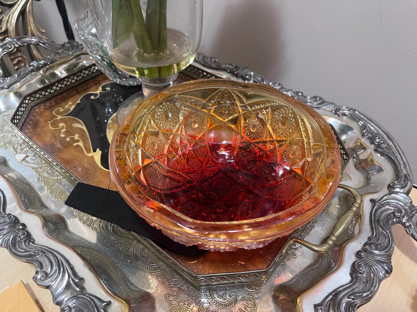 Cut Glass Bowl in Orange/red Ombré
