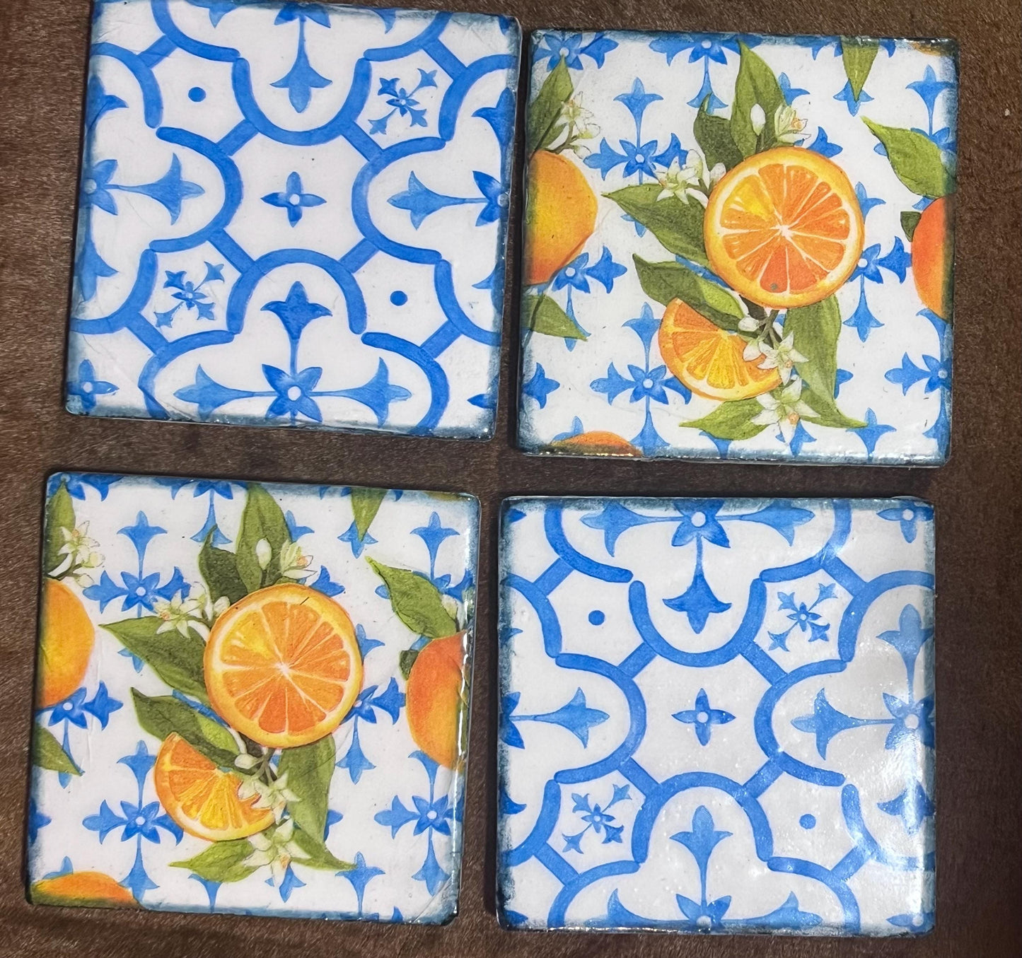 Coasters  set of 4- Oranges design w/blue & White Mediterranean tile design