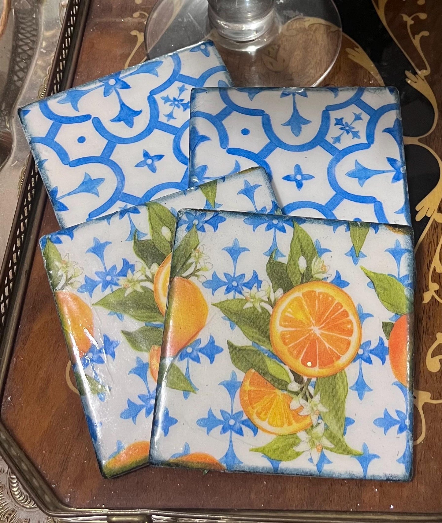 Coasters  set of 4- Oranges design w/blue & White Mediterranean tile design