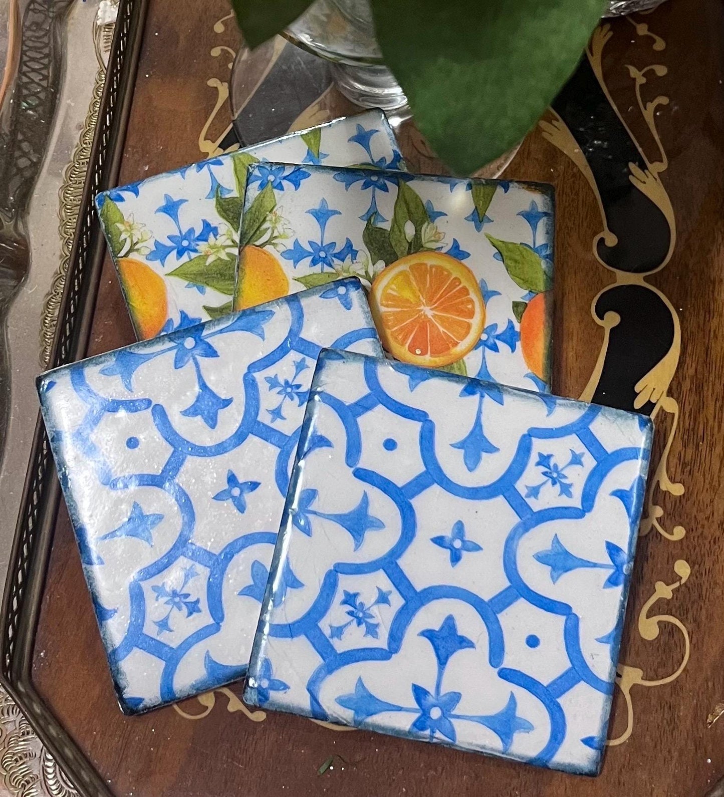 Coasters  set of 4- Oranges design w/blue & White Mediterranean tile design