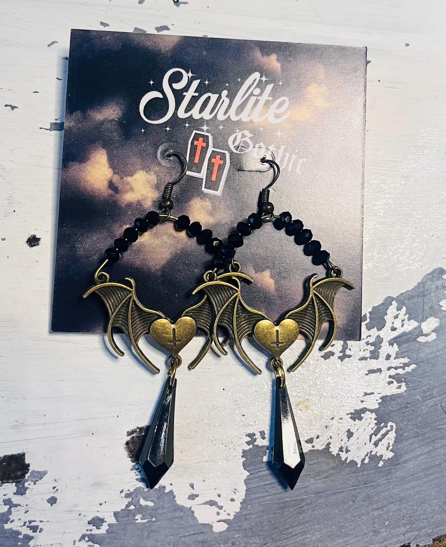 Muted Gold Pewter Bat Wing Earrings with Black Acrylic Drop, Gothic Jewelry