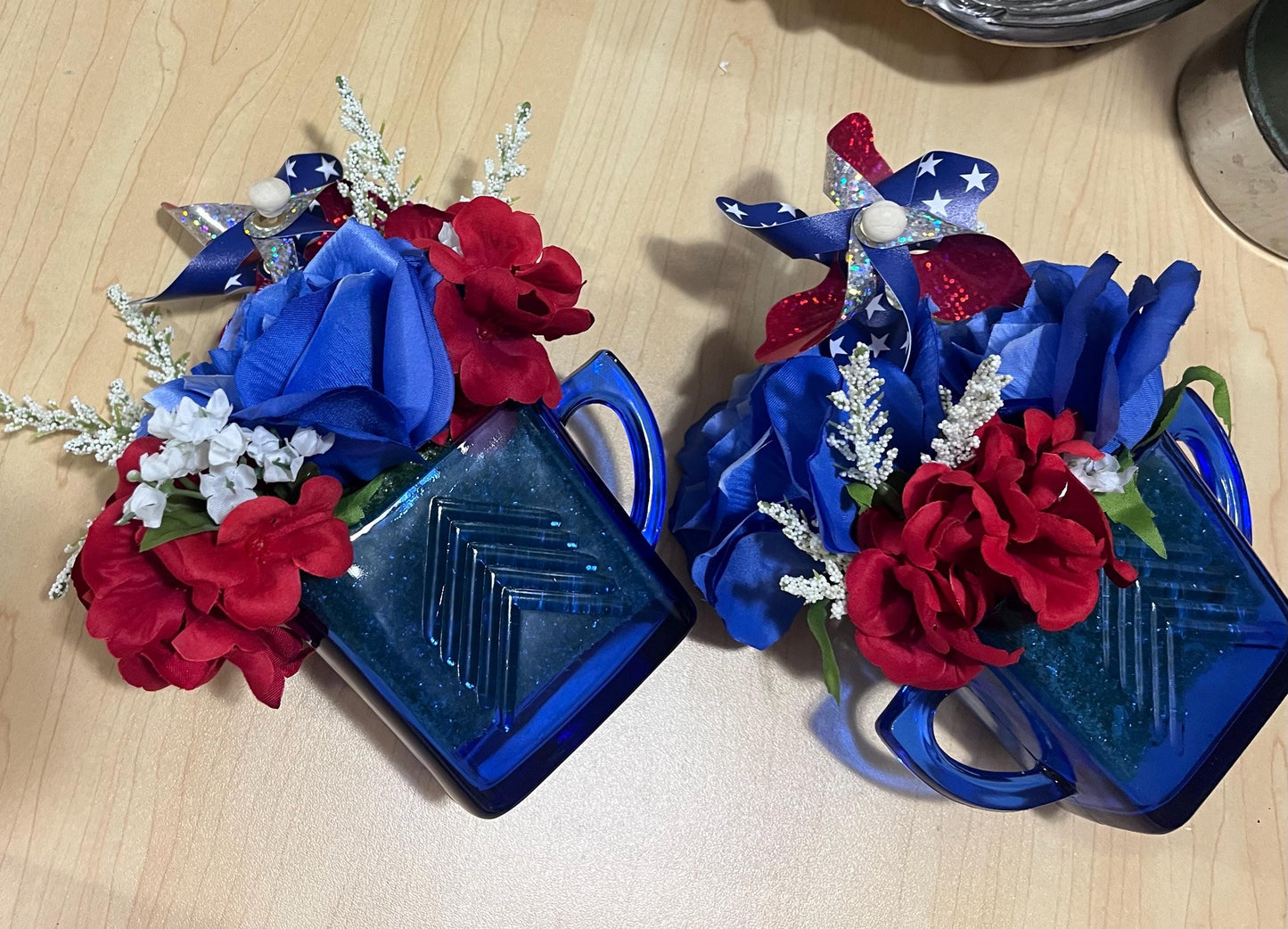Re-used vintage cobalt blue Sugar & Creme set floral arrangement