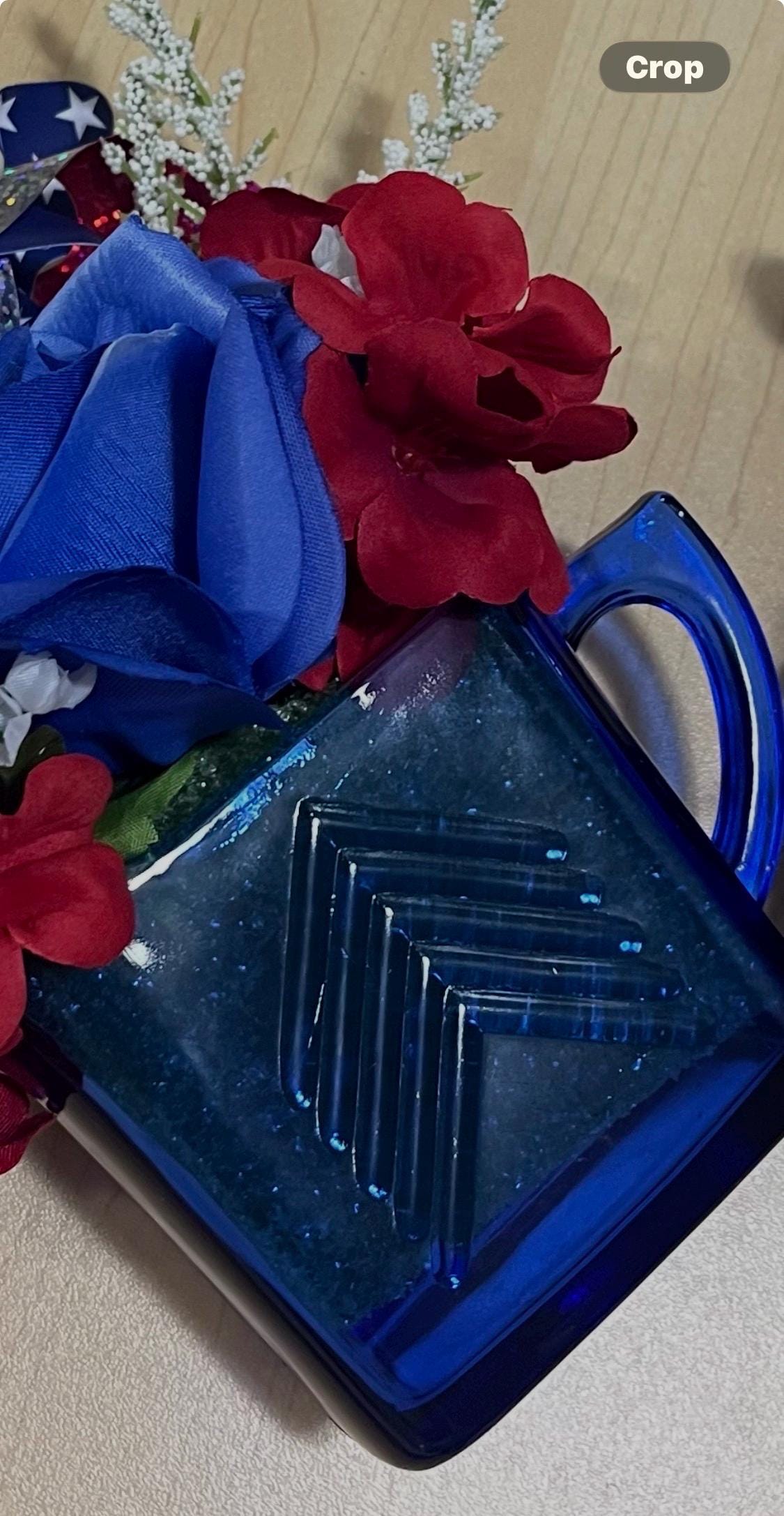 Re-used vintage cobalt blue Sugar & Creme set floral arrangement