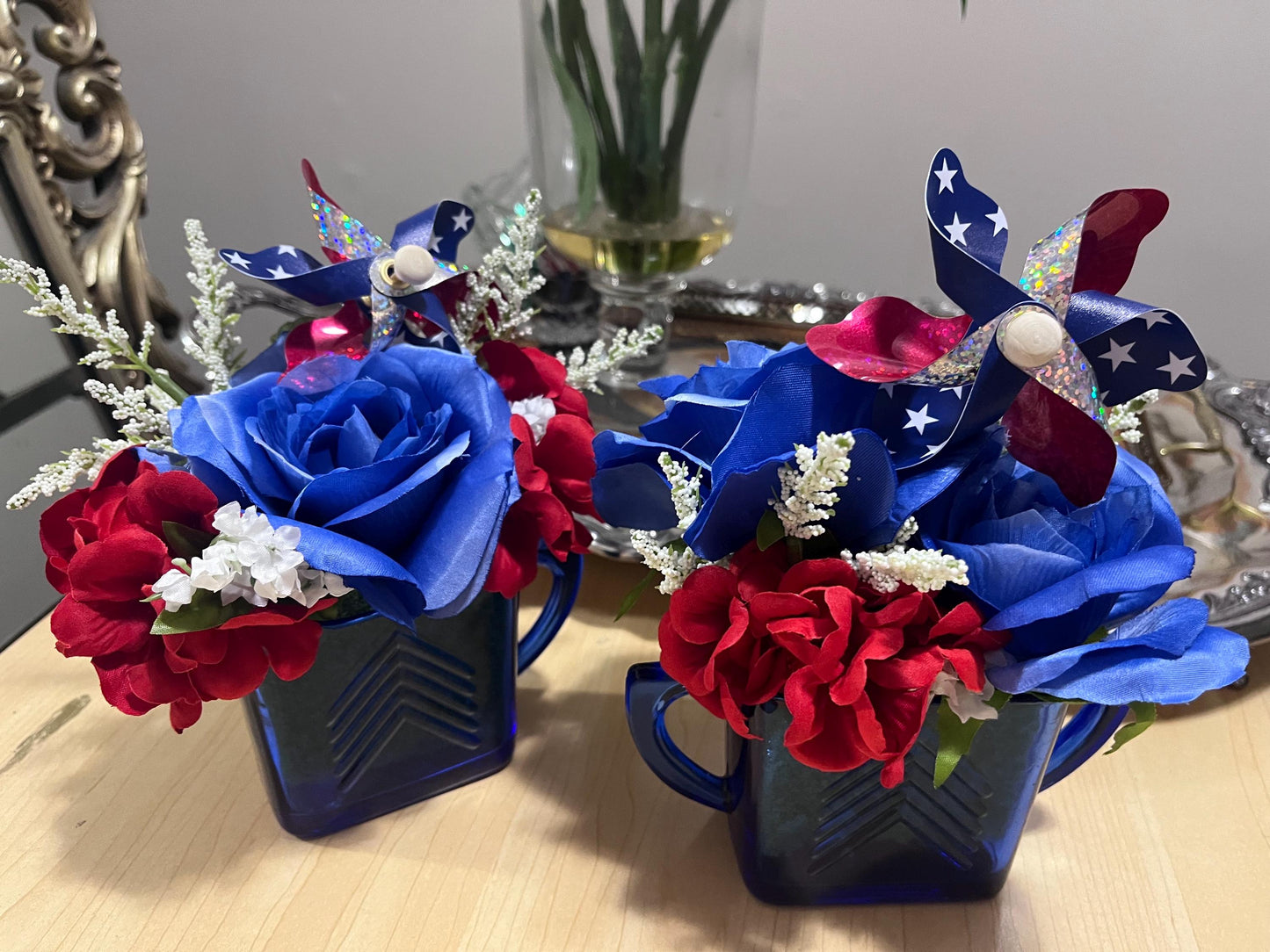 Re-used vintage cobalt blue Sugar & Creme set floral arrangement