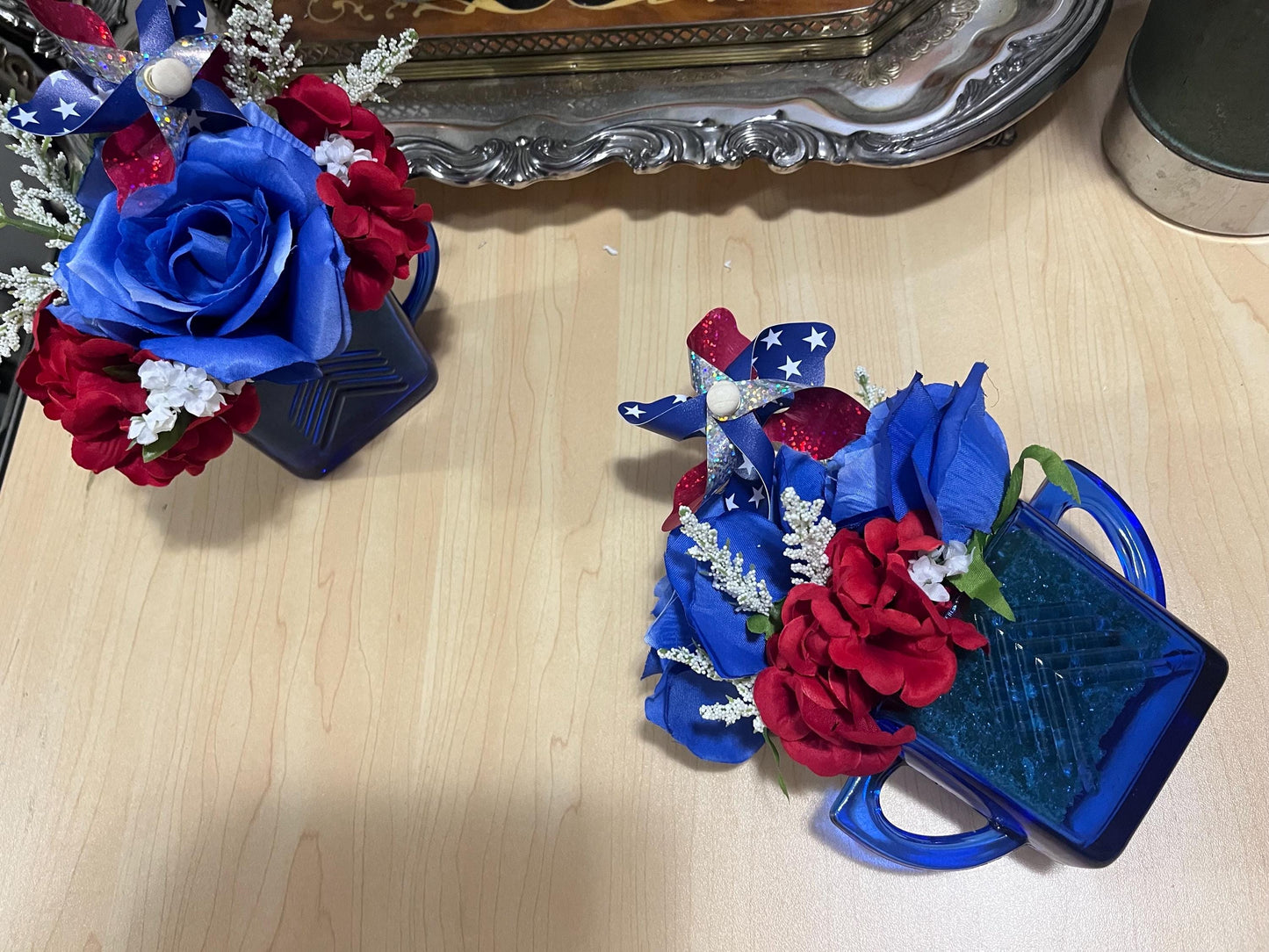 Re-used vintage cobalt blue Sugar & Creme set floral arrangement